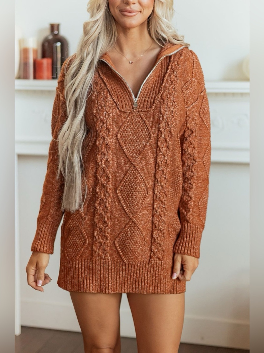 Zip-Up Cable Knit Drop Shoulder Sweater Dress - Picture 3 of 15